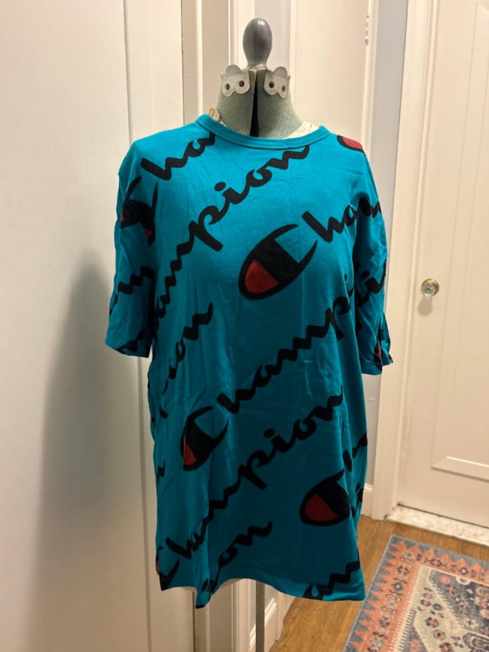 Champion Heritage All Over Script Logo Print Teal Blue T-Shirt (Large)
